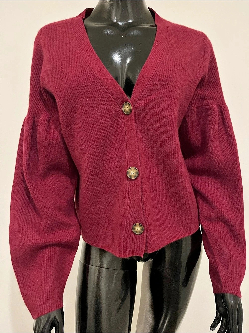 NAADAM Burgundy Cashmere Cardigan with Pleated Sleeves Size Medium NWT
